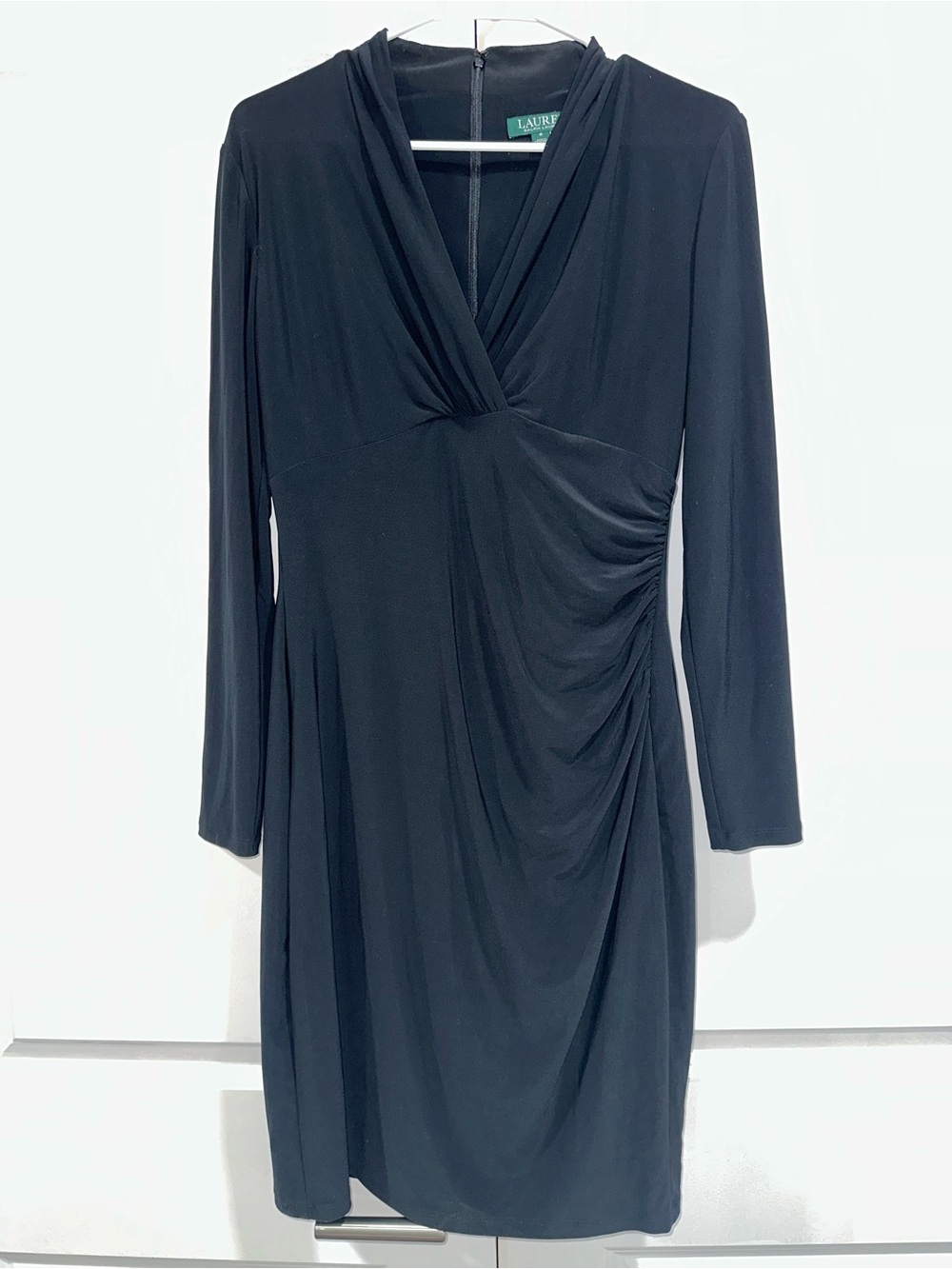 Lauren Ralph Lauren Black Long Sleeve V-Neck Draped Dress Elegant Classic